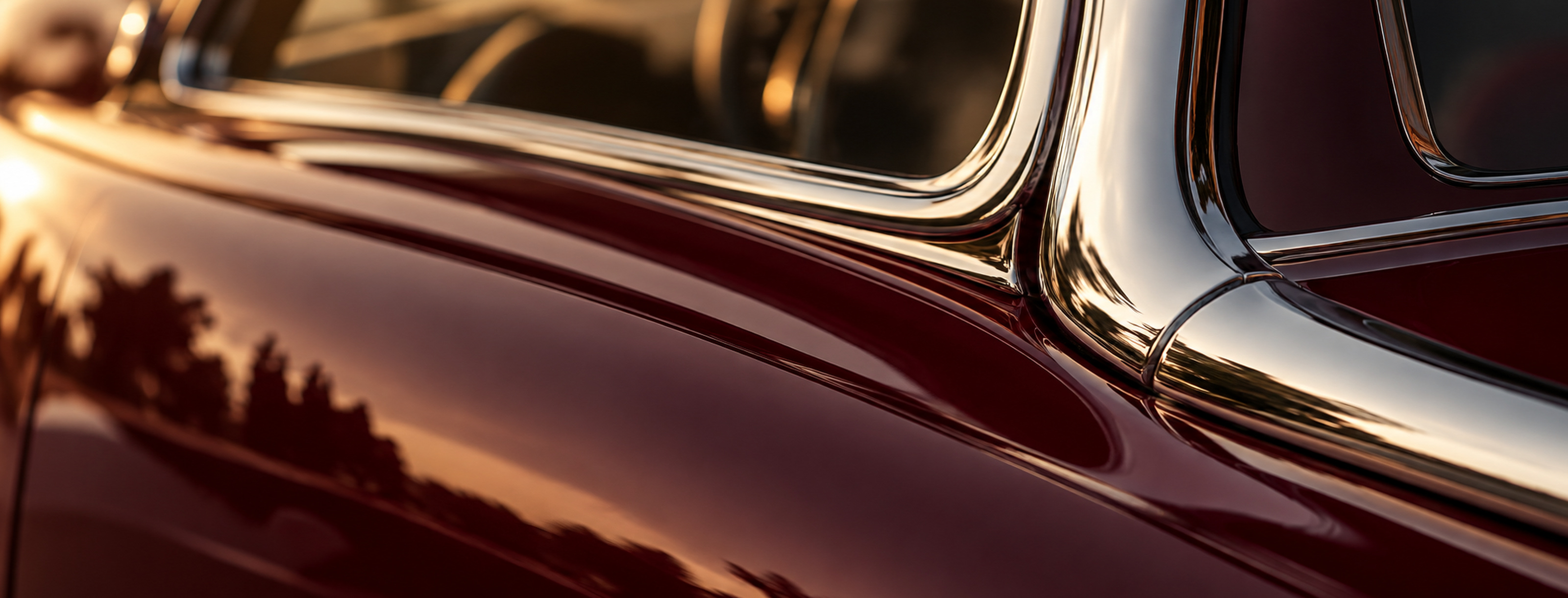 Détail de chrome poli sur carrosserie bordeaux